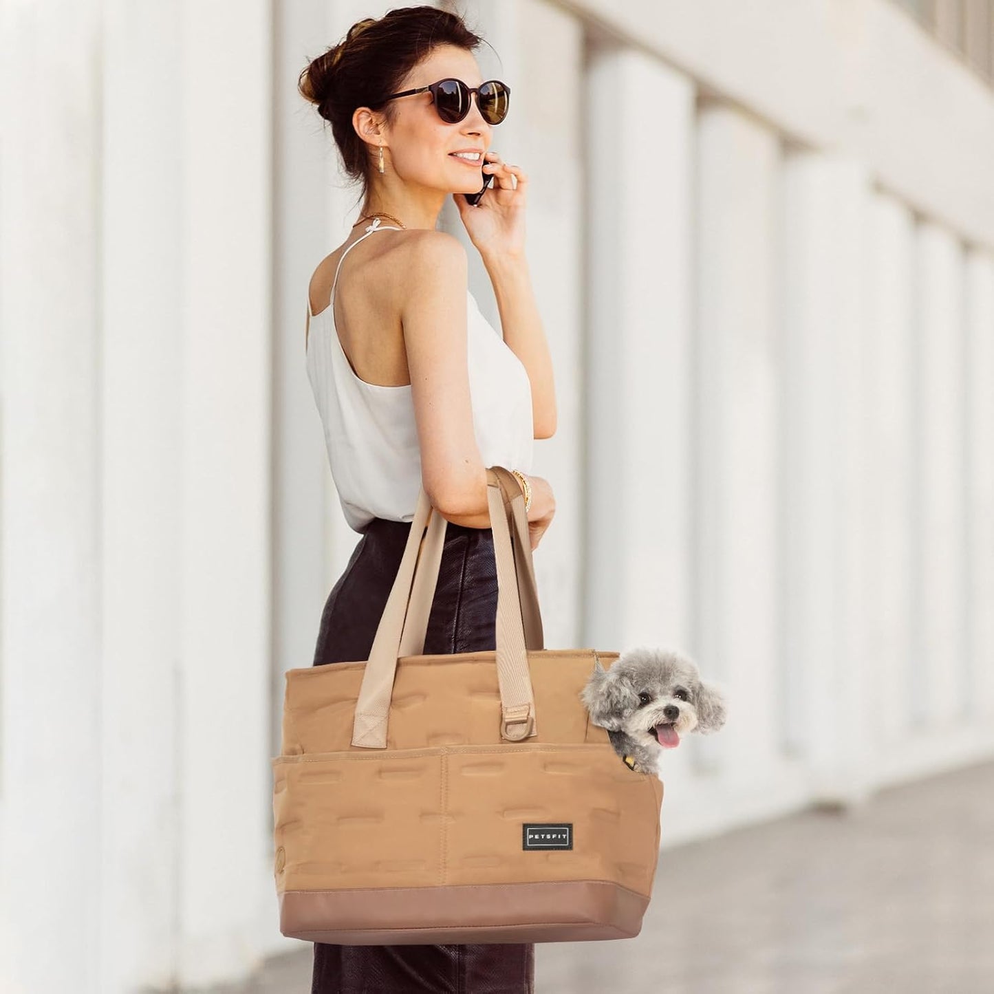 Dog Carrier Bag Warm,Dog Tote Bag Pet Carrier with Pockets, Cat Carrier Pouch -Adjustable Safety Leash, Poop Dispenser, Waterproof TPU Bottom,Khaki