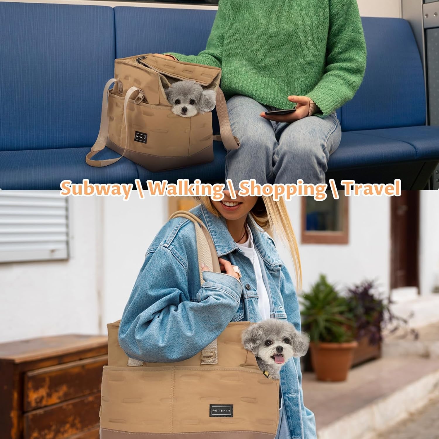 Dog Carrier Bag Warm,Dog Tote Bag Pet Carrier with Pockets, Cat Carrier Pouch -Adjustable Safety Leash, Poop Dispenser, Waterproof TPU Bottom,Khaki