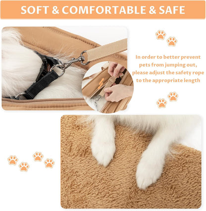 Dog Carrier Bag Warm,Dog Tote Bag Pet Carrier with Pockets, Cat Carrier Pouch -Adjustable Safety Leash, Poop Dispenser, Waterproof TPU Bottom,Khaki